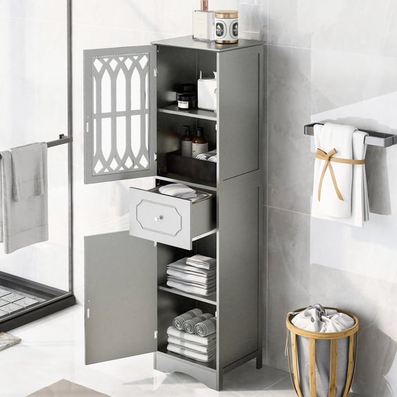 Grey Bathroom Dresser - Board With Drawer, Doors, And Adjustable Shelf For Freestanding Tall Unit Cabinet