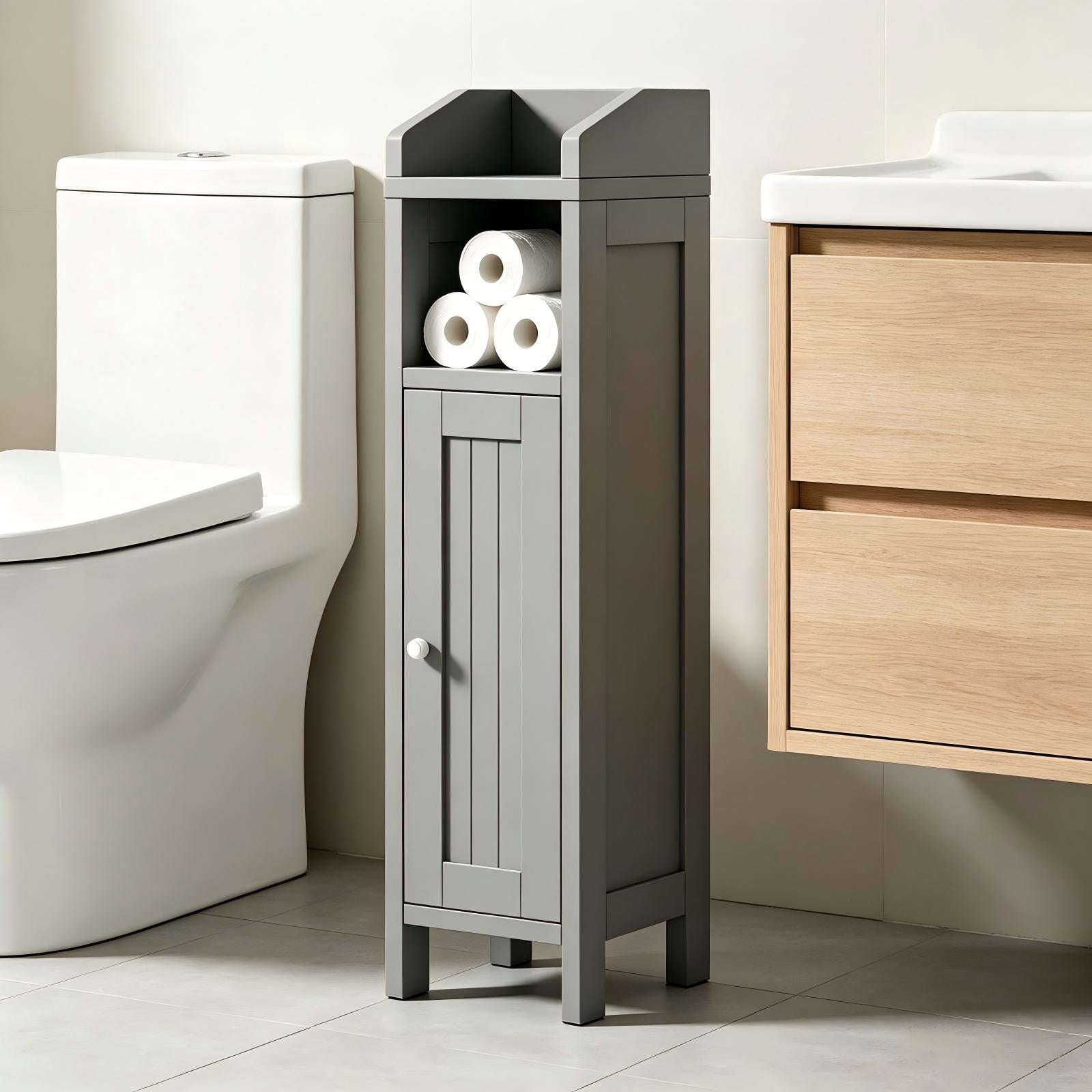Grey Bathroom Floor Cabinet with Door and Shelf, 7.87 x 7.87 x 31.5 in