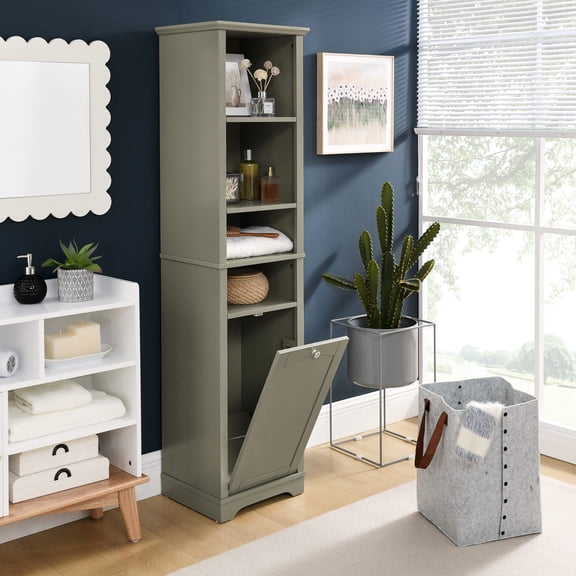 Grey Bathroom Highboard with 4 Shelves and Laundry Basket / Offers Storage for Small Living Room Areas