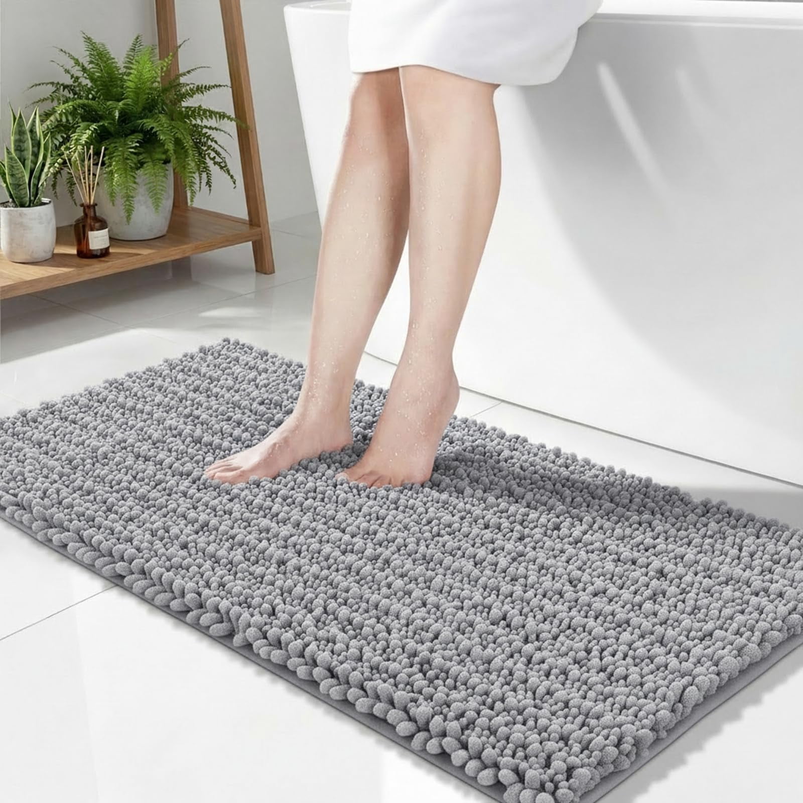 Grey Bathroom Rug 24x44 Inch - Thick Chenille Bath Mat Large Shaggy ...