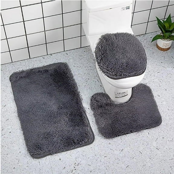 Grey Bathroom Rug Set 3 Piece Bath Rugs Set, Bath Rug + Contour Mat + Toilet Seat Cover, Super Soft Microfiber Water Absorbent & Non-Slip Bathroom Carpet, Machine Washable,(Dark Gray)