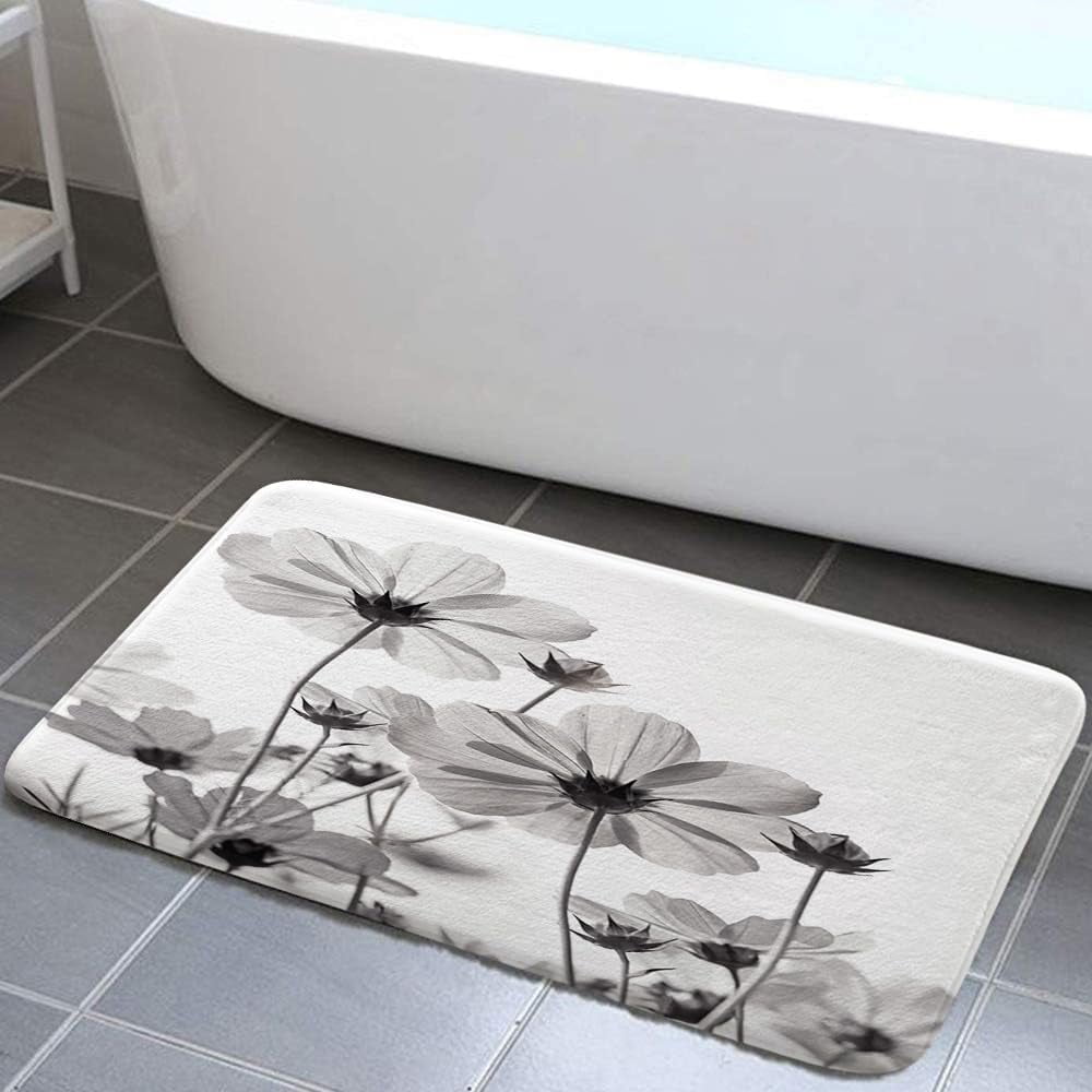 Grey Bathroom Rugs Mat, White and Grey Daisy Flower Elegant Wildflower Design Farmhouse Bath Rugs, Unique Floral Door Mats, 15.7X23.6in