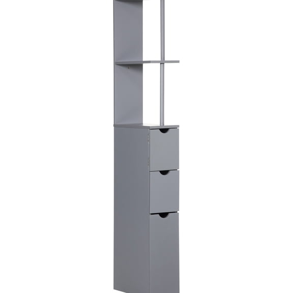 Grey Bathroom Tower Cabinet, 54" Tall. 2 Shelf & Drawers Storage. Space Freestanding Unit. Solid Construction. Wall Mountable For . Holds Linen Essentials. 13" W X 53.75" H. 22 Lbs. Assembly Needed