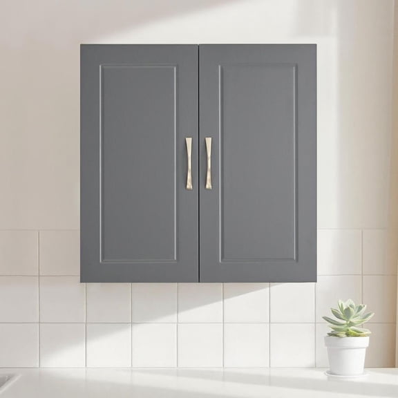 Grey Bathroom and Laundry Room Wall Cabinet, Over Toilet Wall Mounted Cabinet with Adjustable Shelf and Doors, MDF Storage Organizer, HUS-FRG231