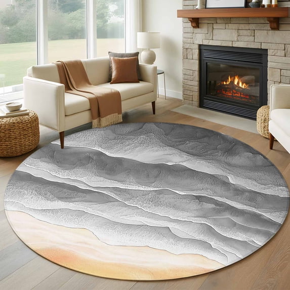 Grey Beach Coastal Round Area Rug 7Ft Washable Circle Rugs for Dorm Laundry Room, Summer Nautical Seaside Ocean Ombre Non-Slip Carpet Floor Mats Indoor Outdoor Carpet Runner Aesthetic Home Decor