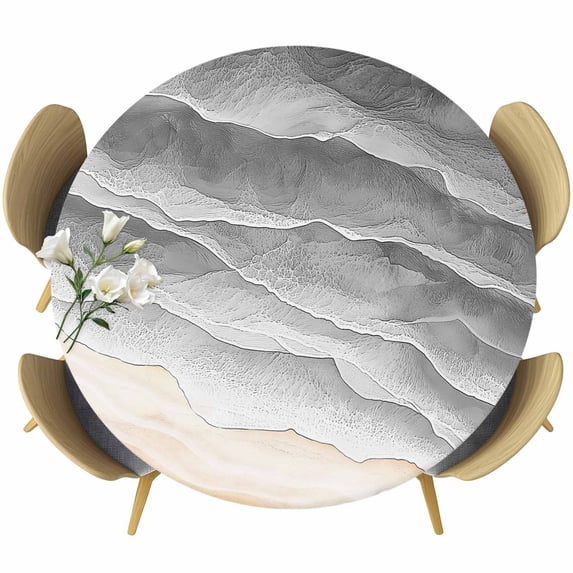 Grey Beach Coastal Round Tablecloth 36-44 Inch Round Fitted Table Cloth with Elastic Edge, Summer Nautical Seaside Ocean Ombre Waterproof Table Cover Protector for Outdoor Picnic Party Dining