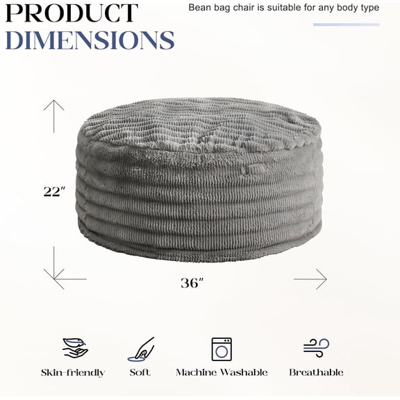 Bean Bag Chairs Beanbag Chair with Filler Adult Bean Bags with Fluffy Ripple Cover, Giant Bean Bag Chairs for Adults (Grey, 3FT - 36" x 36" x 22")