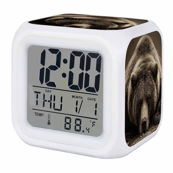 Grey Bear Digital Alarm Clock for Bedrooms, Smart LED Alarm Clock with 7 Color Changing Night Light, Modern Art Animals Aesthetics Country Silent Wake Up Clocks for Sleep Study Cooking 3.2"x3.2"