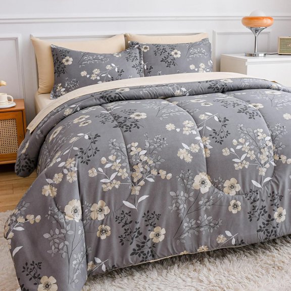 Grey  Bed in a Bag 7-Pieces, Comforter Set with Sheets,Tree Branches and  Printing Design, Soft Down Alternative  Season Bedding Set(, Grey)