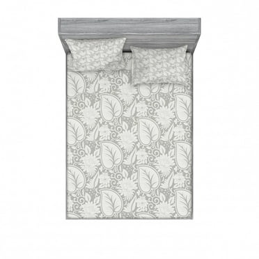 Grey Bedding Set with Sheet & Covers, Big Leaves on Old Fashion Floral Background Feminine Dramatic Style Retro Graphic Print, Printed Bedroom Decor 2 Shams, 4 Sizes, Grey, by Ambesonne