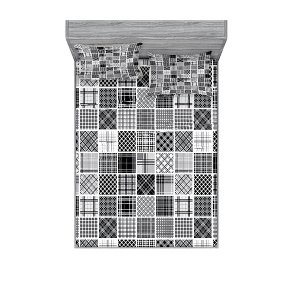 Grey Bedding Set with Sheet & Covers, Mixed Checkered Squared Scotch Plaid Striped Patterns in Patchwork Style Image, Printed Bedroom Decor 2 Shams, 4 Sizes, Black White Grey, by Ambesonne