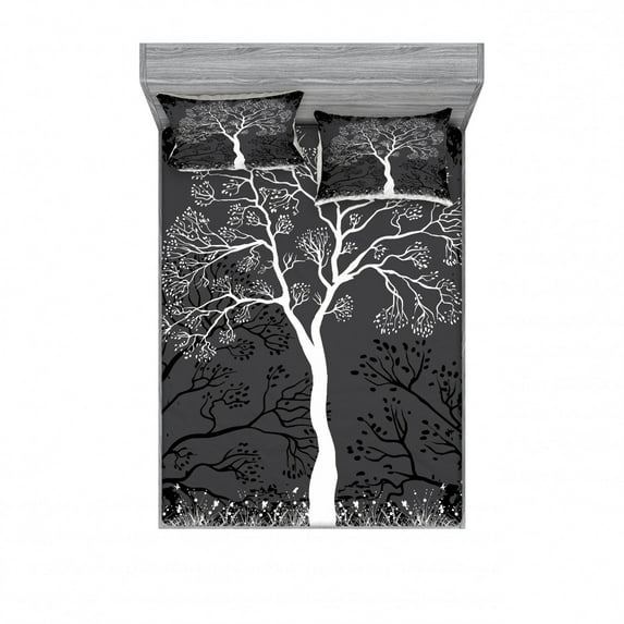 Grey Bedding Set with Sheet & Covers, Tree Illustration with Growing Branches Merry Seasonal Grass Bushes Nature, Printed Bedroom Decor 2 Shams, 4 Sizes, Grey White, by Ambesonne