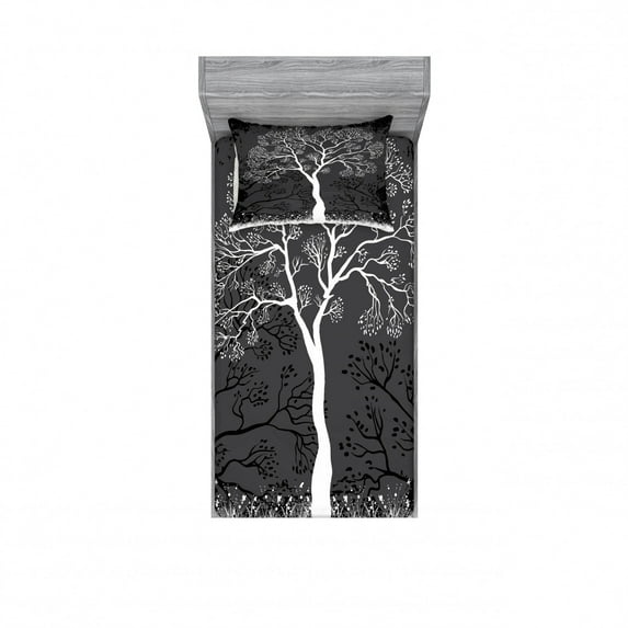 Grey Bedding Set with Sheet & Covers, Tree Illustration with Growing Branches Merry Seasonal Grass Bushes Nature, Printed Bedroom Decor 2 Shams, 4 Sizes, Grey White, by Ambesonne