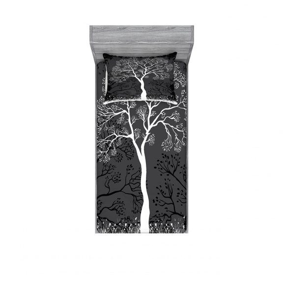 Grey Bedding Set with Sheet & Covers, Tree Illustration with Growing Branches Merry Seasonal Grass Bushes Nature, Printed Bedroom Decor 2 Shams, 4 Sizes, Grey White, by Ambesonne