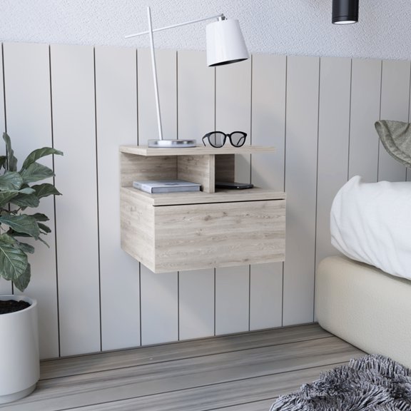 Grey Bedroom Nightstand With Drawer And Abundant Open Storage For Essentials Practical Shelving Unit