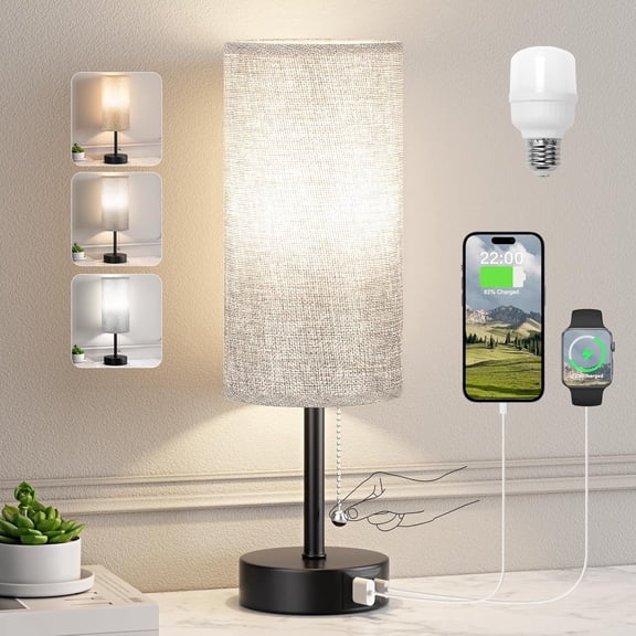 Grey Bedside Lamp for Bedroom Nightstand - Small Table Lamp with USB A + C Charging Port, 3 Color Temperatures Pull Chain Night Stand Light with Bulb, Side Table Desk Reading Lamp