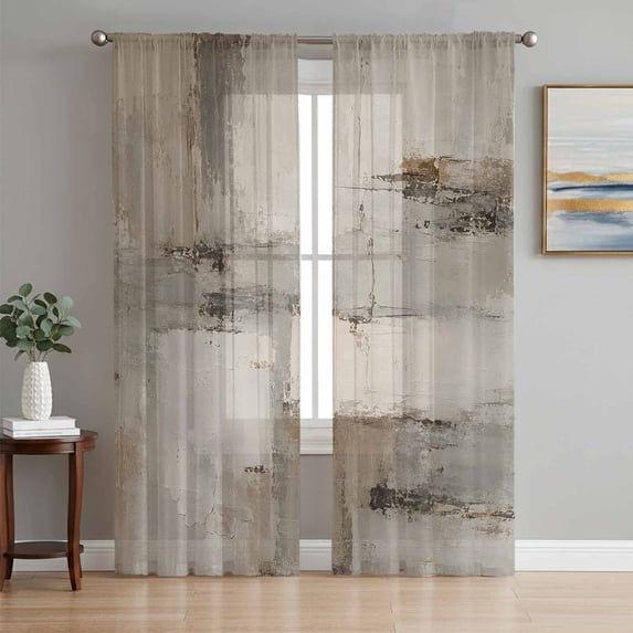 Grey Beige Abstract Art Sheer Curtains 63 Inch Length 2 Panels Set, Luxury Aesthetics Voile Window Treatment Rod Pocket Curtains Sheers Drapes for Bedroom/Living Room/Kitchen 52x"63"x2