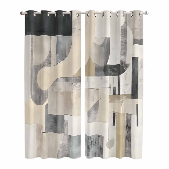 Grey Beige Abstract Kitchen Curtains 84 Inch Length, Watercolor Modern Geometric Grommet Top Bedroom Living Room Curtains, Light Filtering Cafe Curtain Drapes 2 Panels Set 84''x84''