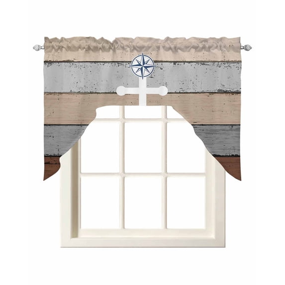 Grey Beige Anchor Coastal Swag Valances for Windows, Small Curtains Drapes, Nautical Vintage Art Wooden Kitchen Window Curtains Over Sink Window Treatment Valance for Bedroom/Bathroom 56"x36"