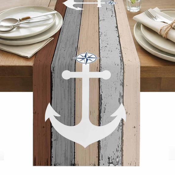 Grey Beige Anchor Coastal Table Runner - 72 Inch Long, Kitchen Dining Table Runner Dresser Scarves, Nautical Vintage Art Wooden Farmhouse Decor for Coffee Tables Wedding Party Banquet