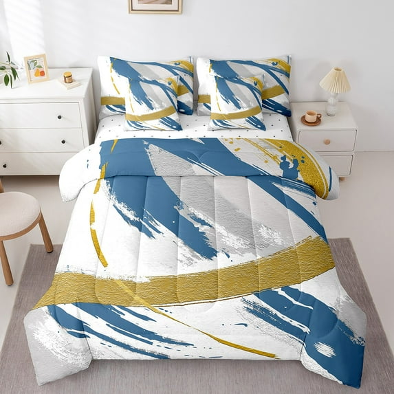 Grey Beige Blue Bedding Comforter Sets 7 Pieces Brush Strokes Oil Painting Bed in a Bag Gradient Abstract Vintage Bedding Set Ombre Graffiti King Size Comforter Set Modern Bedding Sets & Collections