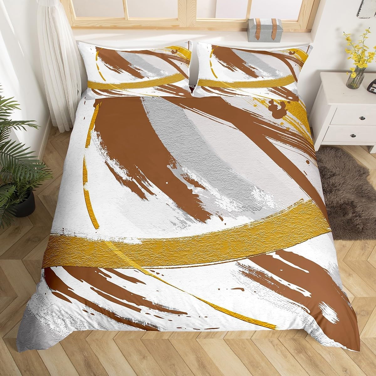 Grey Beige Flame Red Duvet Cover King Size Brush Strokes Oil Painting ...
