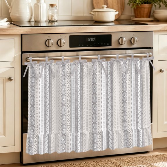 Grey Beige Geometric Oven Curtain with Tie Top, Oven Skirt Curtain for Kitchen, Modern Abstract Art Striped Under OvenCover Panel for Dust & Grease Protection, Apartment RV Cabinet Curtains 27''x20''