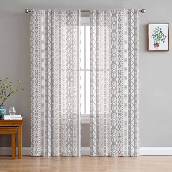 Grey Beige Geometric Sheer Curtains 108 Inch Length 2 Panels Set for Living Room/Bedroom, Modern Abstract Art Striped Semi Curtain Sheers Drapes Rod Pocket Curtains Window Treatment Set 52''x108''x2