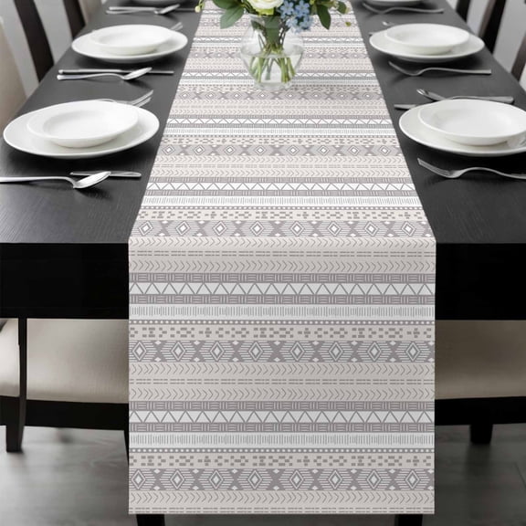Grey Beige Geometric Table Runner 36 Inches Long, Modern Abstract Art Striped Kitchen Coffee Dining Table Decoration for Home Party Birthday Wedding Home Decor 13x36 Inches