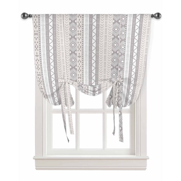 Grey Beige Geometric Tie Up Curtains for Window, Modern Abstract Art Striped Thermal Insulted Balloon Shade Adjustable Rod Pocket Curtains Valance Panels for Kitchen Bathroom Café 34 x 45