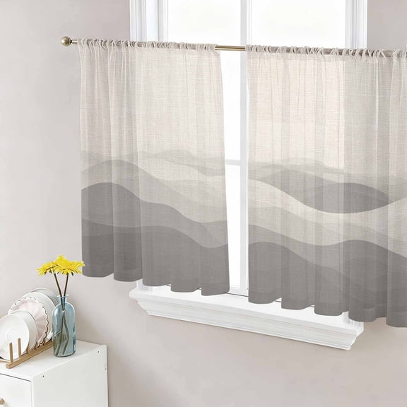 Grey Beige Ombre Semi Sheer Window Curtains 45 Inches Long, Minimalist Ocean Waves Linen Rod Pocket Voile Silky Chiffon Curtain Light Filtering Drapes for Living Room, Kitchen, 52"x45", 2 Panels