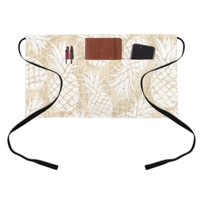 Grey Beige Pineapple Kitchen Restaurant Half Waist Apron, Summer Country Vintage Tropical Botanical Fruits Server Short Apron with 3 Pockets Waterproof Oil Waist Aprons for Women Waitress Waiter