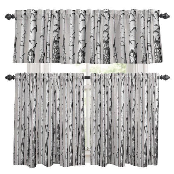 Grey Birch Tree Kitchen Curtains Set for Windows, Retro Abstract Art Geometric Gray Wood Stripe Curtains Valance and Tier 3 Piece Set Small Drapes 24 Inch Length for Kitchen Bedroom Decor