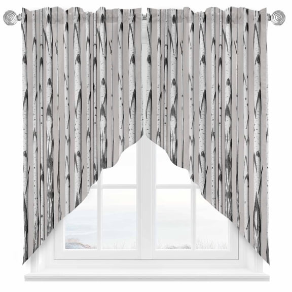 Grey Birch Tree Swag Kitchen Curtain Valances, Retro Abstract Art Geometric Gary Wood Stripe Rod Pocket Curtains Window Treatment Decor Valances for Bedroom Bathroom, 2 Panels 36 x 36 Inch