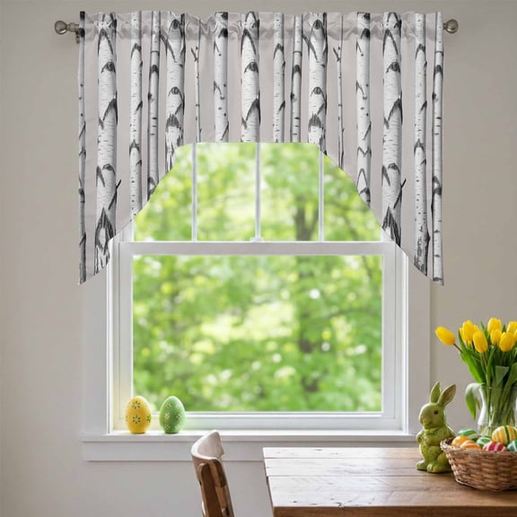 Grey Birch Tree Swag Valances for Kitchen Window, Retro Abstract Art Geometric Gary Wood Stripe Small Swag Valances Rod Pocket Curtain Drapes Window Treatment for Bedroom Bathroom, 56x36 Inch