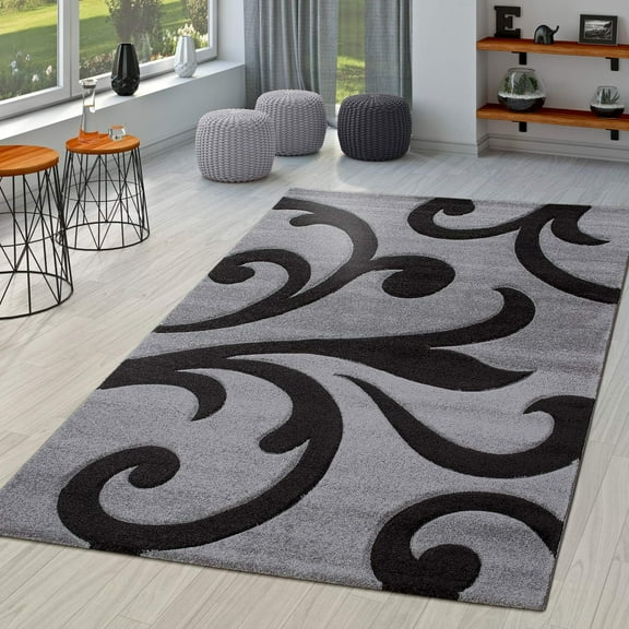Grey Black Area Rug with Contour Cut and Modern Floral Pattern, Size: 2'8" x 4'11"