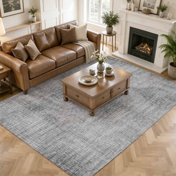Grey Black Area Rugs 8'x10', Washable Small Throw Rugs for Living Room Patio, Farmhouse Linen Texture Indoor Outdoor Rug Non-Slip Low Pile Carpet Runner Reversible Floor Mats