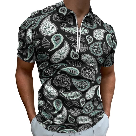 Grey Black Bandana Paislry Pattern Men Zipper T-shirt Summer Casual Short Sleeve T-shirt Top