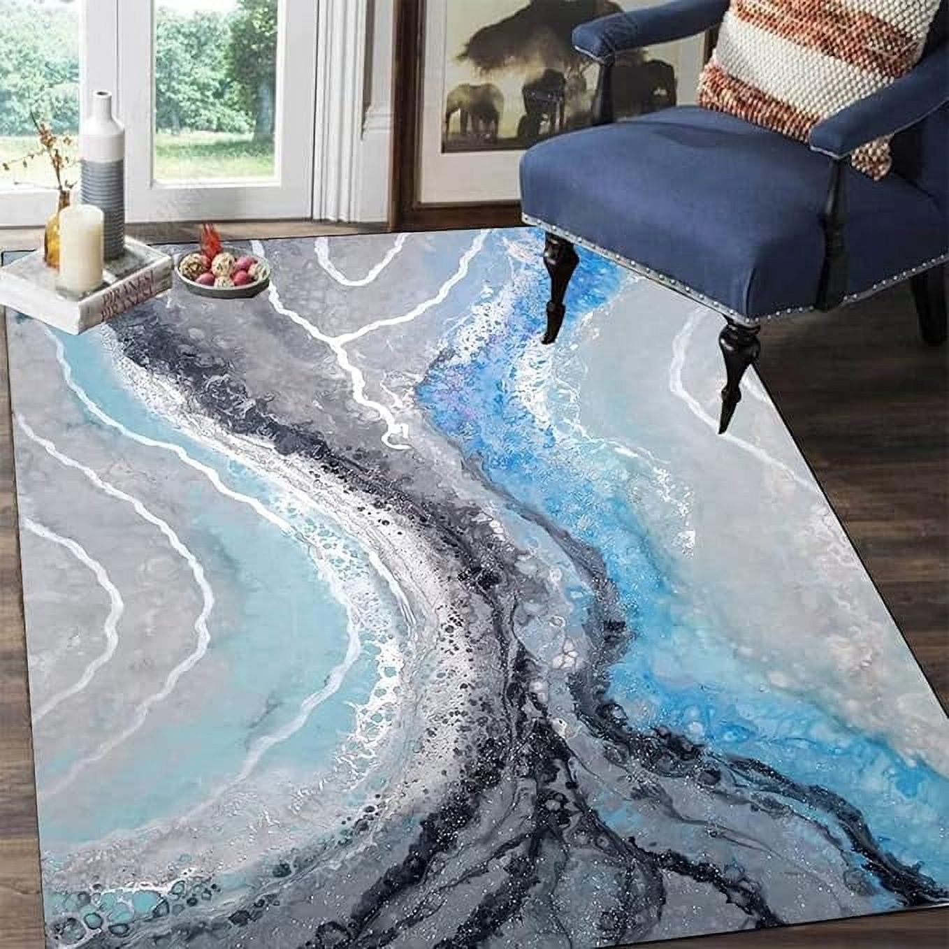 Grey Black Blue Striped Area Rug, Marble Modern Abstract Decorative Rug ...