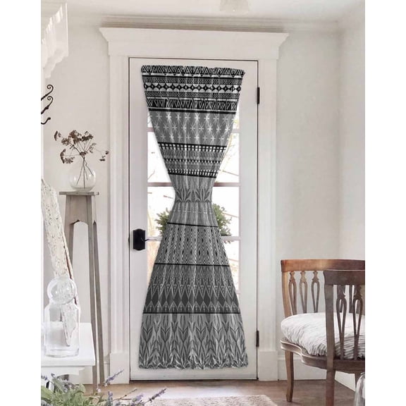 Grey Black Boho Blackout Curtains, French Door Curtains for Door Window, Vintage Ethnic Tribe Abstract Art Privacy Drapery for Patio/Sidelight Doors, 1 Panel with Tieback, 54 x 72 Inches