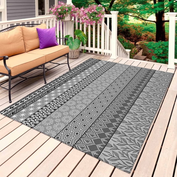 Grey Black Boho Outdoor Rug 5x7 Ft, Non Slip Washable Area Rug, Vintage Ethnic Tribe Abstract Art Patio Rugs Carpet Runner, Large Floor Mat for Indoor/Outdoor Deck Porch Camping