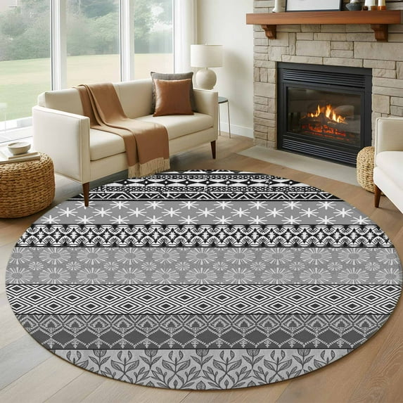 Grey Black Boho Round Rug 7ft Washable Circle Rugs Non Slip Vintage Ethnic Tribe Abstract Art Large Area Rug Indoor Floor Carpet for Bedroom Kitchen Living Room Home Office Dining Room Nursery
