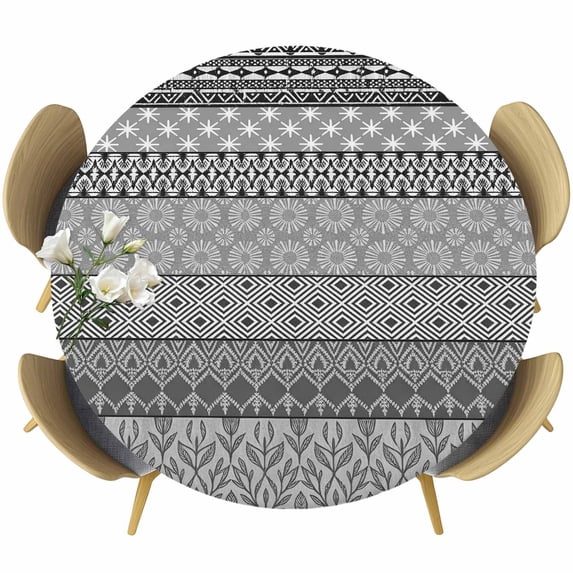 Grey Black Boho Round Tablecloth, Fitted Table Cover with Elastic for 55"-60" Round Tables, Vintage Ethnic Tribe Abstract Art Table Cloth Outdoor Indoor Dinning Party Waterproof Tablecloths