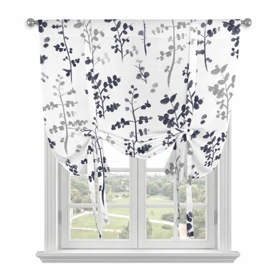 Grey Black Botanical Balloon Curtains for Windows, Bedroom Curtains 54 Inch Length, Watercolor Spring Floral Summer Leaf Tie Up Curtains Panels Thermal Insulated Bathroom Curtains Window 42"x54"