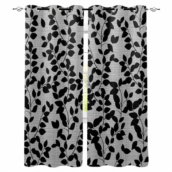 Grey Black Botanical Blackout Curtains for Bedroom/Living Room, Thermal Insulated Kitchen Curtains, Pastoral Spring Floral Summer Art Grommet Darkening Window Treatment Drapes 42"x84"x2