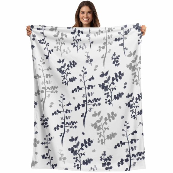 Grey Black Botanical Blanket Soft Cozy Warm Throw Blanket for Couch, Plush Fuzzy Flannel Fleece Blankets for Sofa, Watercolor Spring Floral Summer Leaf Bed Blankets Lightweight Gifts for Men, 50"x80"