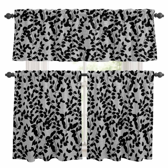 Grey Black Botanical Kitchen Curtains Sets for Windows 36 Inch Length, Pastoral Spring Floral Summer Art Rod Pocket Window Treatments Tier Curtains and Valances Set for Bedroom/Bathroom