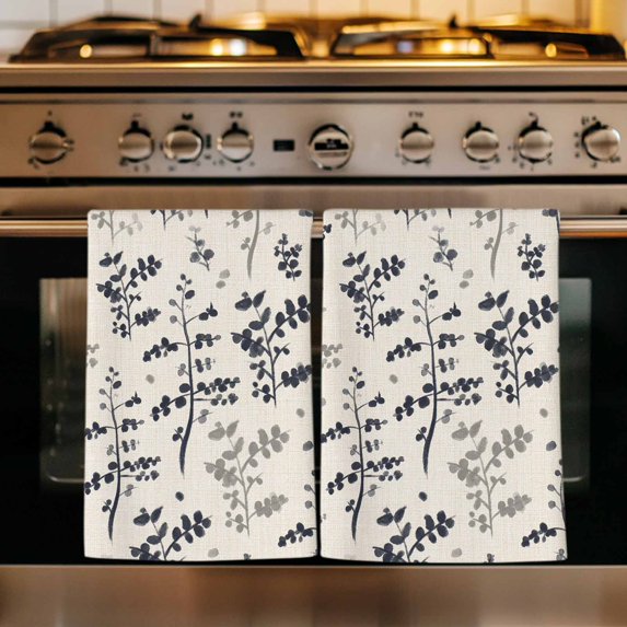 Grey Black Botanical Kitchen Towels Set of 2, Rustic Country Spring Floral Summer Leaf Absorbent Dish Towels for Kitchen, Microfiber Hand Towel, Quick Drying Tea Towel Decorative Dishcloths