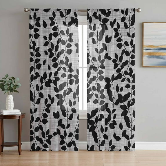 Grey Black Botanical Semi Sheer Curtains 84 Inch Length 2 Panels Set, Pastoral Spring Floral Summer Art Sheer Kitchen Curtain Privacy Voile Window Curtain for Living Room Bedroom Rod Pocket Drapes