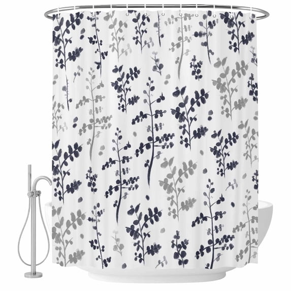 Grey Black Botanical Shower Curtain, Waterproof Shower Curtains for Bathroom, Watercolor Spring Floral Summer Leaf Washable Fabric Bathtub Curtain Set Bath Decor with 12 Hooks 72"x78"